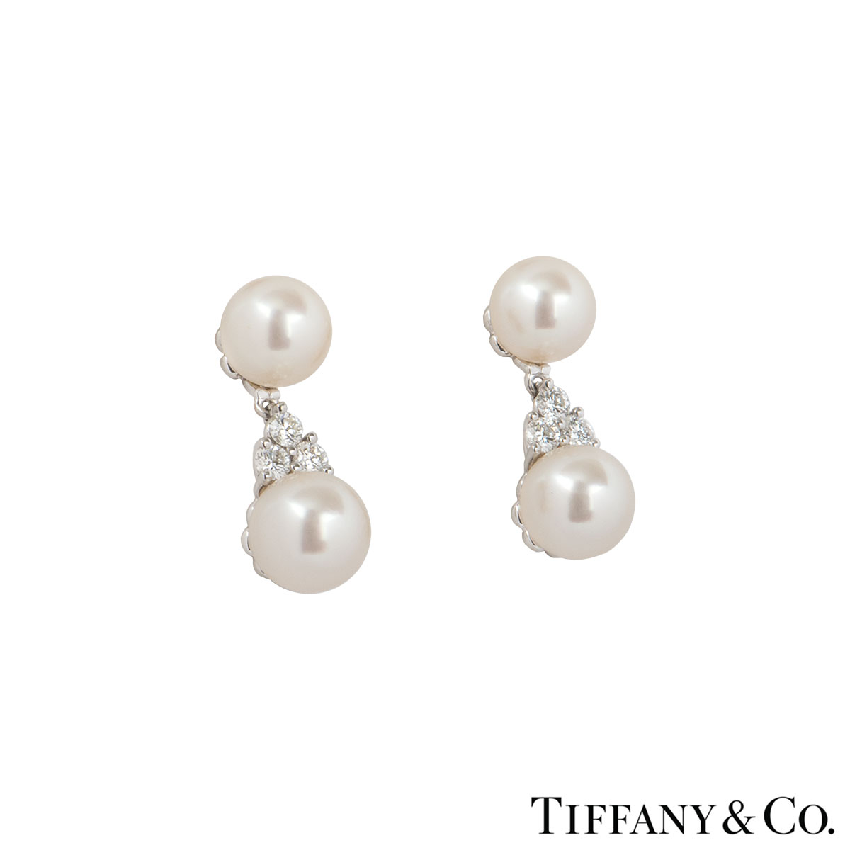 Tiffany & Co. Platinum Pearl & Diamond Drop Aria Earrings | Rich Diamonds